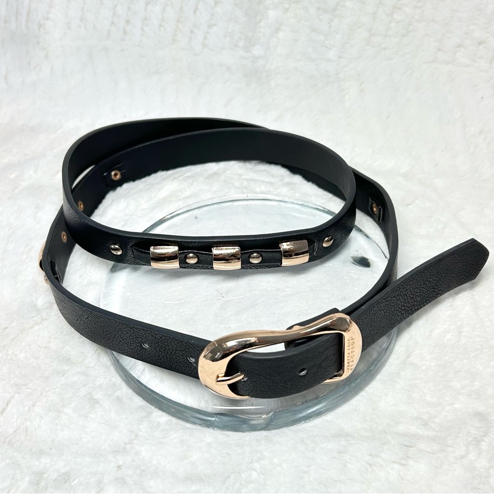 Kenneth Cole Reaction Black Faux Leather Belt Rose Gold Metal Stations NWOT
